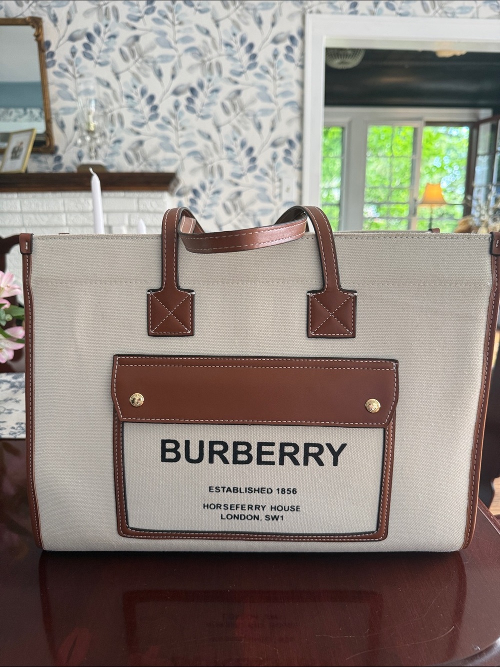 Burberry Beige Canvas Tote with Brown Leather Trim